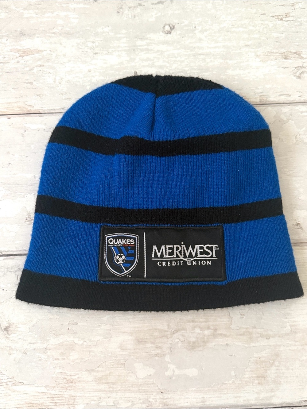 Earthquakes San Jose MLS Soccer Beanie Winter Hat Blue Black Stripes
